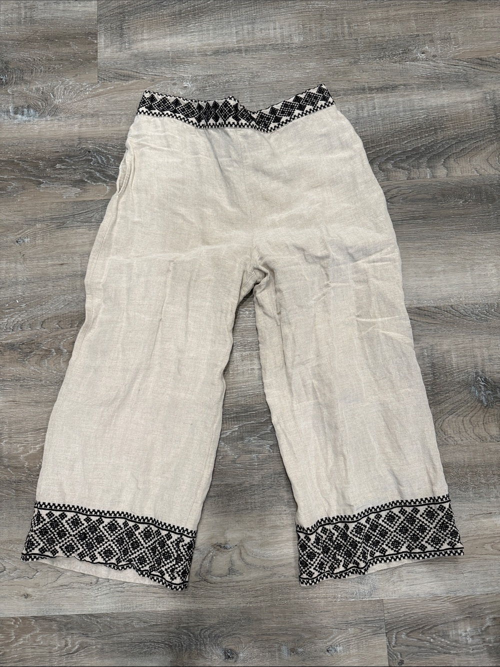 Boston Proper Embroidered Hem Wide-Leg Linen blend Pants - Cream & Black sz m